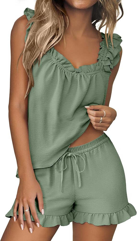 ANRABESS Womens Summer Lounge Set 2 Piece Outfits Ruffle Tank Top and Shorts Set 2026 Beach Vacat... | Amazon (US)