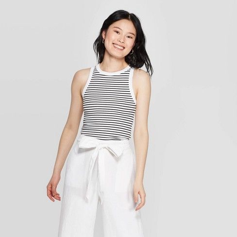 Women's Striped Regular Fit Round Tank Top - A New Day™ White/Black | Target