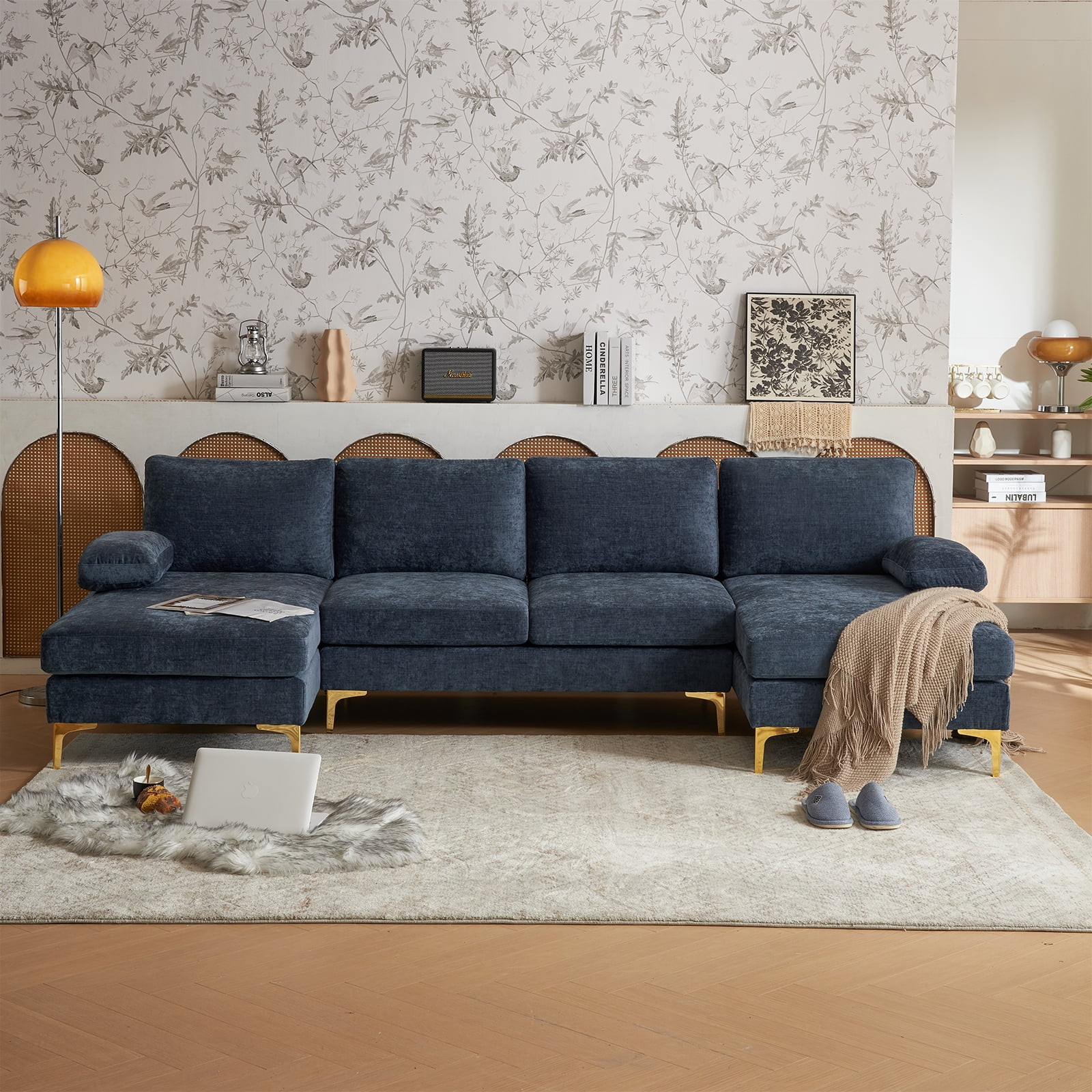 Ktaxon Sectional Sofa Set, 110" U-Shaped Chenille Couch, 4 Seat Lounge Sleeper with Double Chaise... | Walmart (US)