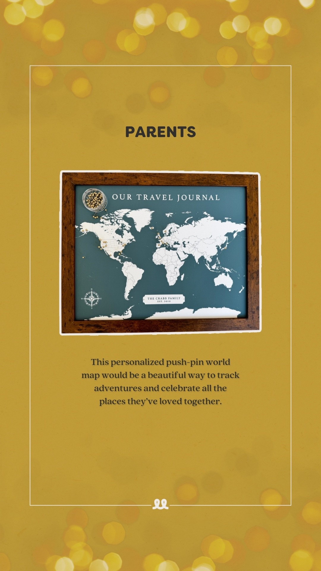 Gift idea for parents: custom push-pin map

We shared this last week and now it’s sold out so here are a few more options from other small businesses. A beautiful way to track adventures and celebrate all the places they loved together.

#LTKGiftGuide #LTKHoliday #LTKTravel