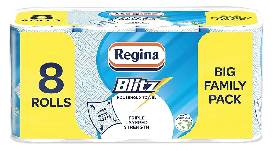 Regina Blitz Household Towels – 8 Triple Layered Rolls, 70 Sheets Per Roll, Paper Packaging, FS... | Amazon (UK)