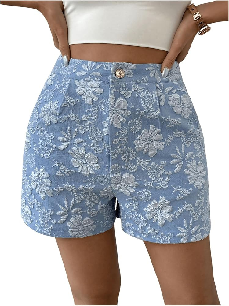 SweatyRocks Women's Floral Jacquard Shorts High Waisted Boho Summer Shorts with Pocket | Amazon (US)