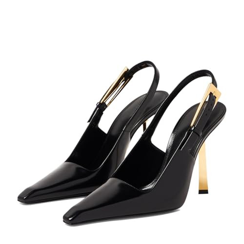 Vertundy Black Slingback Heels for Women - Closed Pointed Toe Stiletto Gold Heel Strap Buckle Sandals Party Wedding Bride Dress Pumps Size 9.5 | Amazon (US)