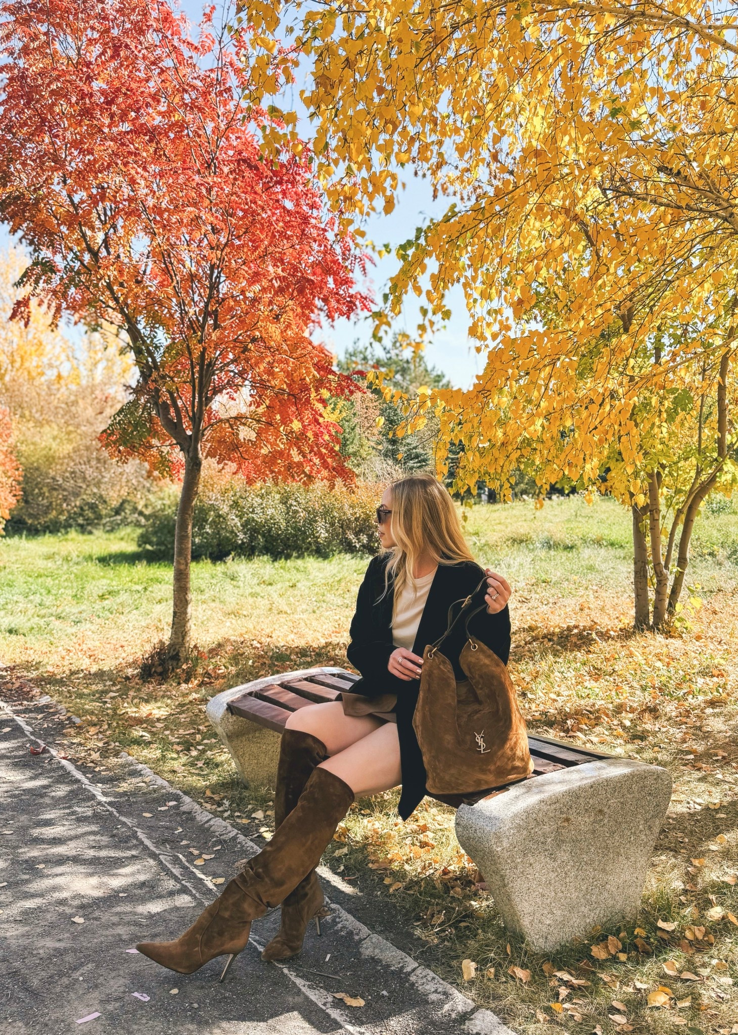 Fall outfit with dark brown suede blazer, tobacco brown suede knee high stiletto boots, suede Saint Laurent bucket bag

#LTKItBag #LTKSeasonal #LTKShoeCrush