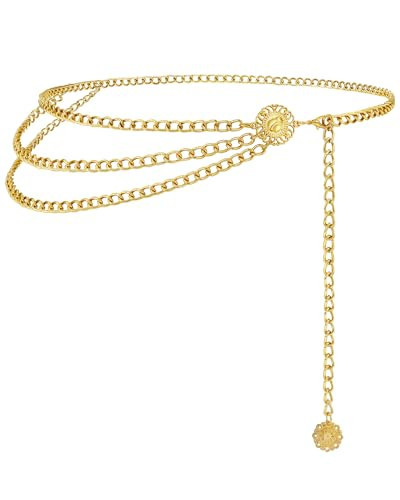 Chain Belt for Women Fashion Multilayer Metal Waist Chain Dress Belt Adjustable,gold,S | Amazon (US)