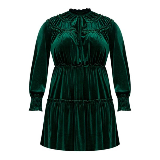 ELOQUII Elements Women's Plus Size Velvet Dress with Ruffle Yoke - Walmart.com | Walmart (US)