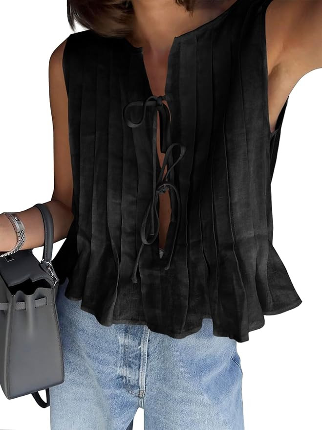 Cicy Bell Womens Bow Front Tie Tank Tops Pleated Babydoll Top Sleeveless Cute Coquette Shirt Summ... | Amazon (US)