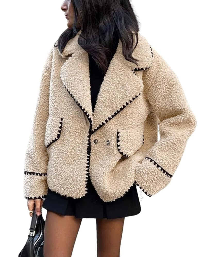 chouyatou Women's Winter Casual Embroidered Sherpa Jacket Notch Lapel Fuzzy Faux Fur Fleece Jacke... | Amazon (US)