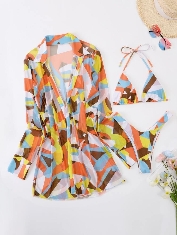 3pack Color Block Halter Triangle Bikini Swimsuit & Kimono | SHEIN