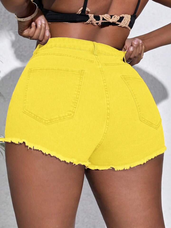 SHEIN SXY Plus Size Summer Casual Solid Color Distressed Frayed Hem Skinny Denim Shorts | SHEIN