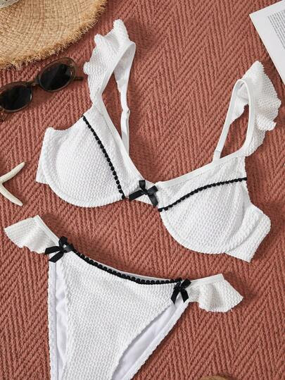 Ladies Bowknot Decoration Denim Print Ruffled Bikini Set, Vocation Swimsuit | SHEIN