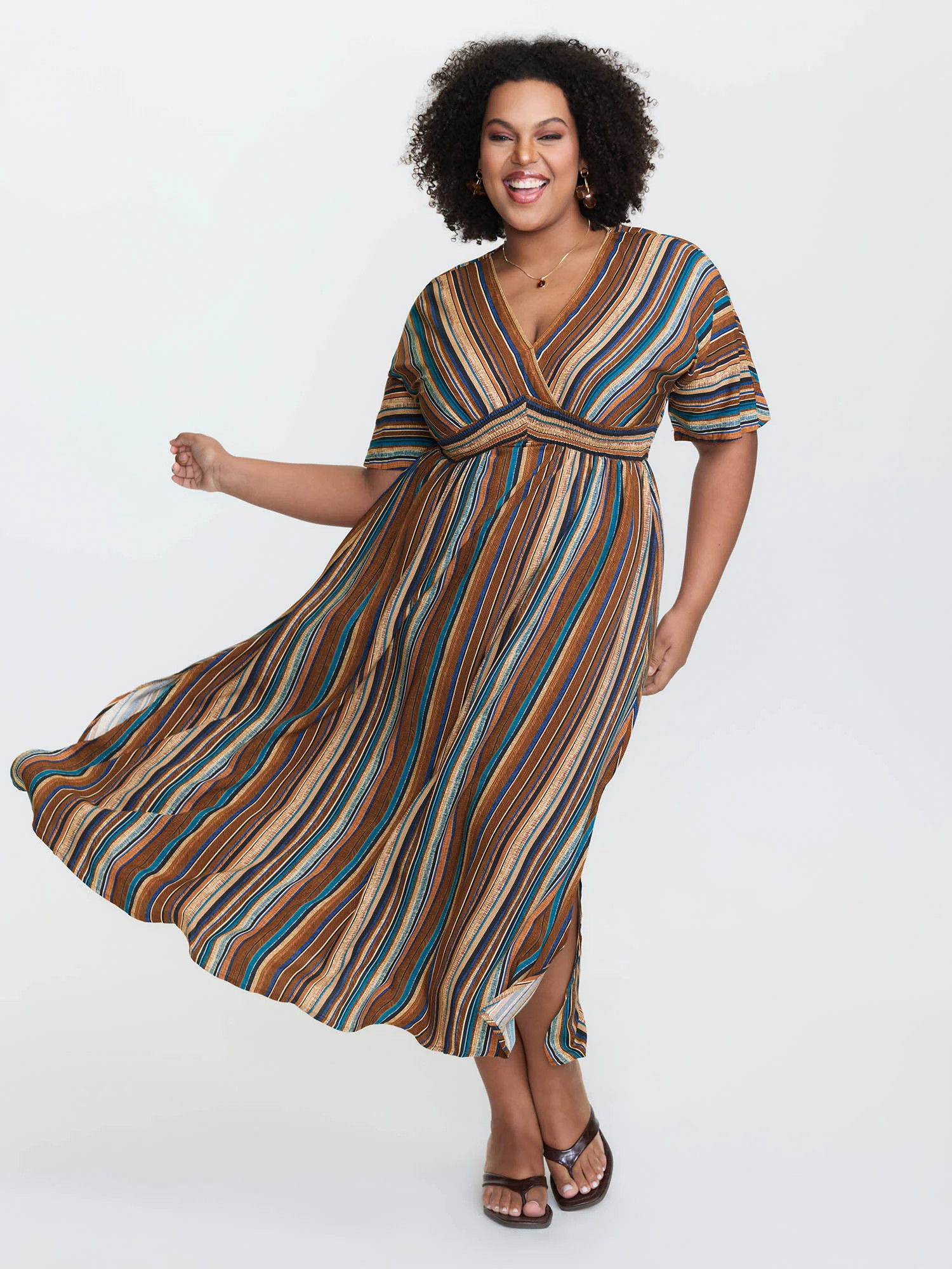 Striped Contrast Dolman Sleeve Shirred Pocket Split Flutter Dress | Bloomchic
