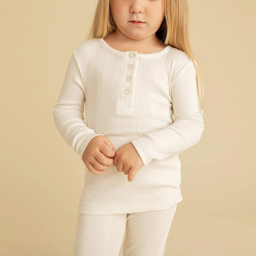Solid White Long Sleeve Vanilla Pointelle Henley Top | Posh Peanut® | Posh Peanut