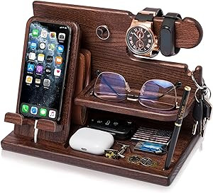 TESLYAR Wood Phone Docking Station Ash Key Holder Wallet Stand Watch Organizer Men Husband Wife A... | Amazon (US)