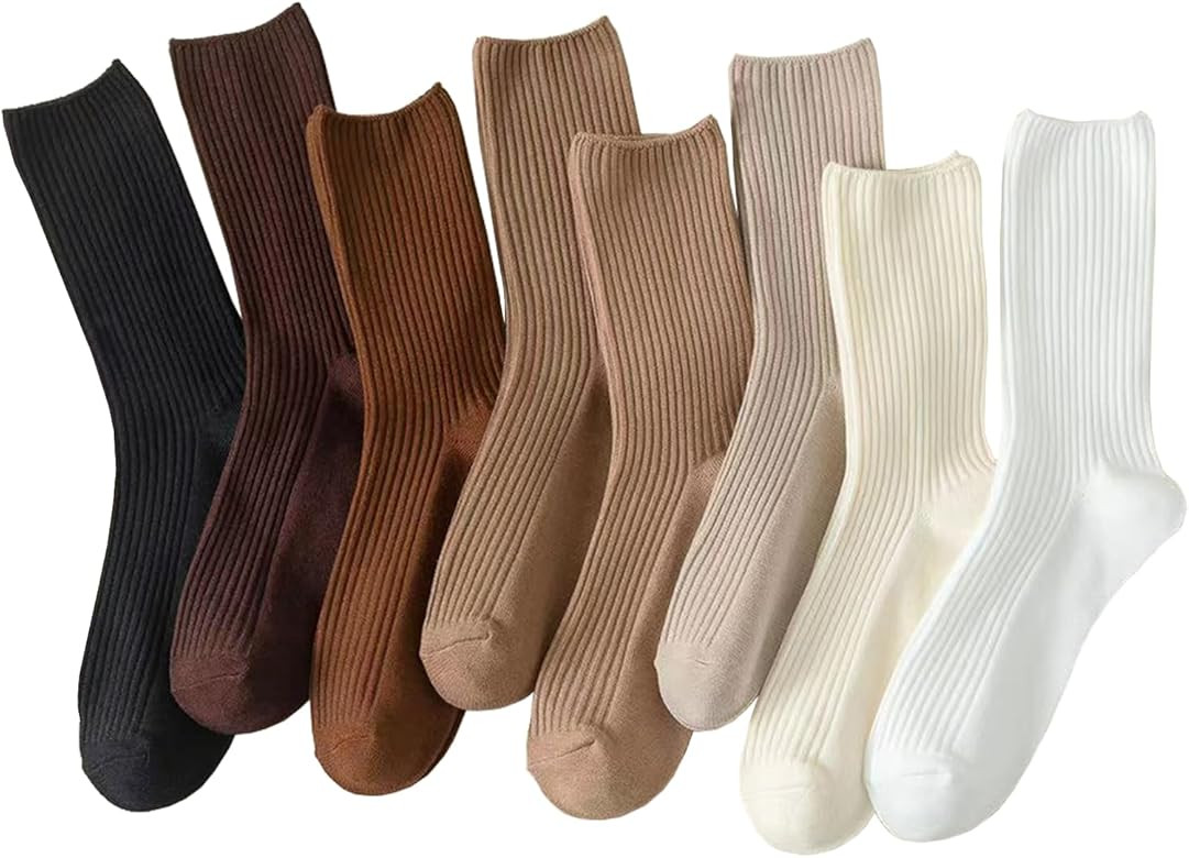 Hstyle 6/8 Pairs of Crew Socks for Women Athletic Aesthetic Casual Neutral Cotton Socks Soft Cute... | Amazon (US)