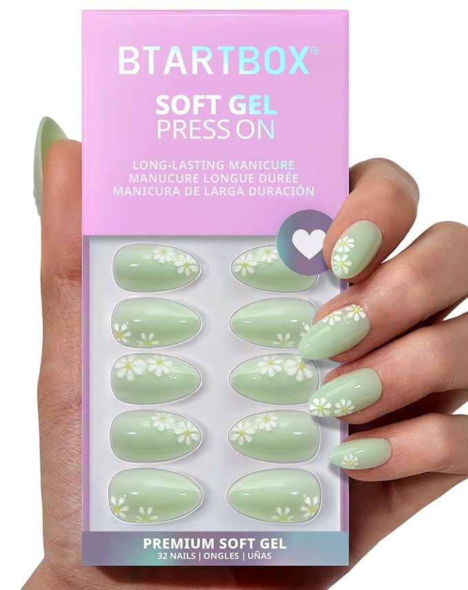 BTArtbox Press On Nails Short - Meadow Daisy, Easy-to-Apply 3D Flower Pastel Green Almond Press O... | Amazon (US)