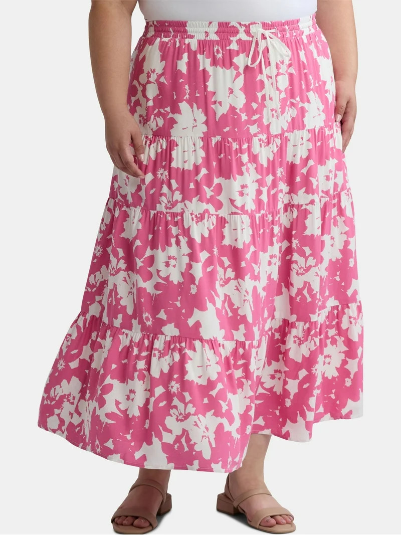 Time and Tru Women’s and Women's Plus Tiered Midi Skirt with Elastic Waistband, Sizes XS-4X | Walmart (US)