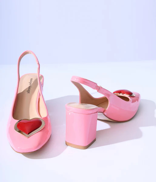Unique Vintage Pink Heart Leatherette Slingback Heels | UniqueVintage
