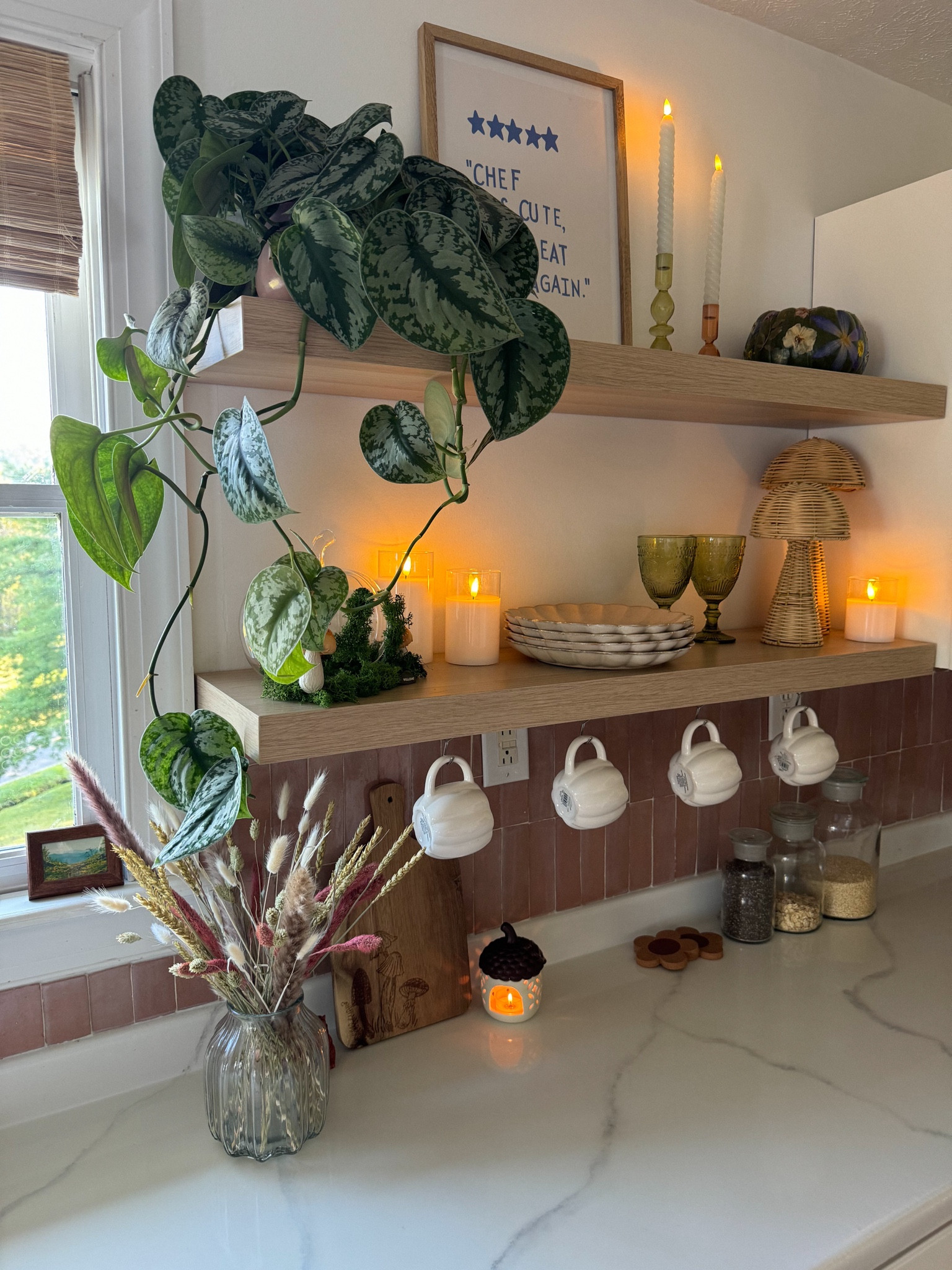 Bohemian fall home decor 🍂 kitchen shelves 

#LTKHome #LTKSeasonal