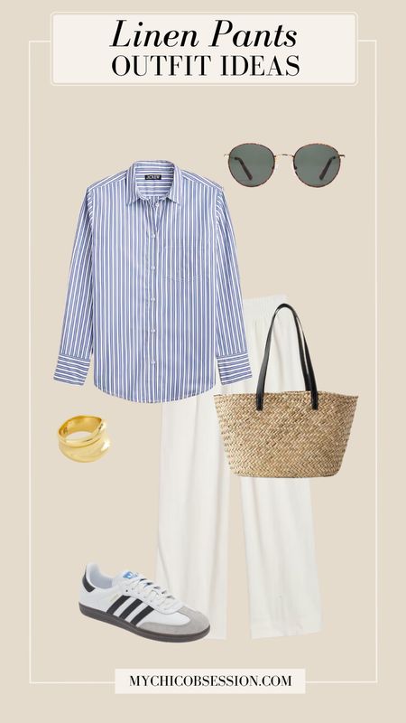 Pair white linen pants with a striped button-down for a casual chic summer outfit. Accessorize with a chunky gold ring, sunglasses, a woven tote and Samba sneakers.

#LTKSeasonal #LTKStyleTip