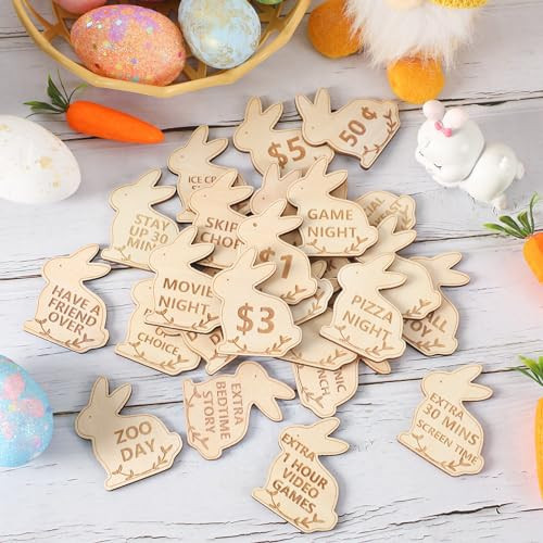 CypherX Easter Egg Fillers- Wood Easter Reward Tokens, Easter Prizes Stuffers Coins, Family Night Tokens, 24 Redeemable Tokens+6 Blank DIY Tokens, Unique Family Easter Egg Hunt Activities- Bunny | Amazon (US)