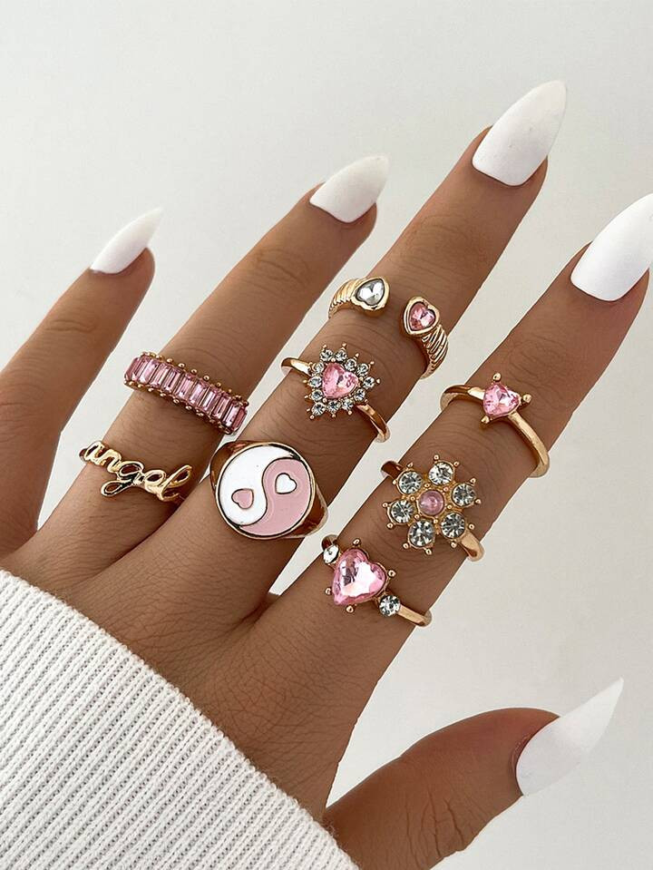 Fashionable Personality Yin Yang Ba Gua Pink Fully Drilled Flower Letter Heart Ring 8pcs/Set Vale... | SHEIN