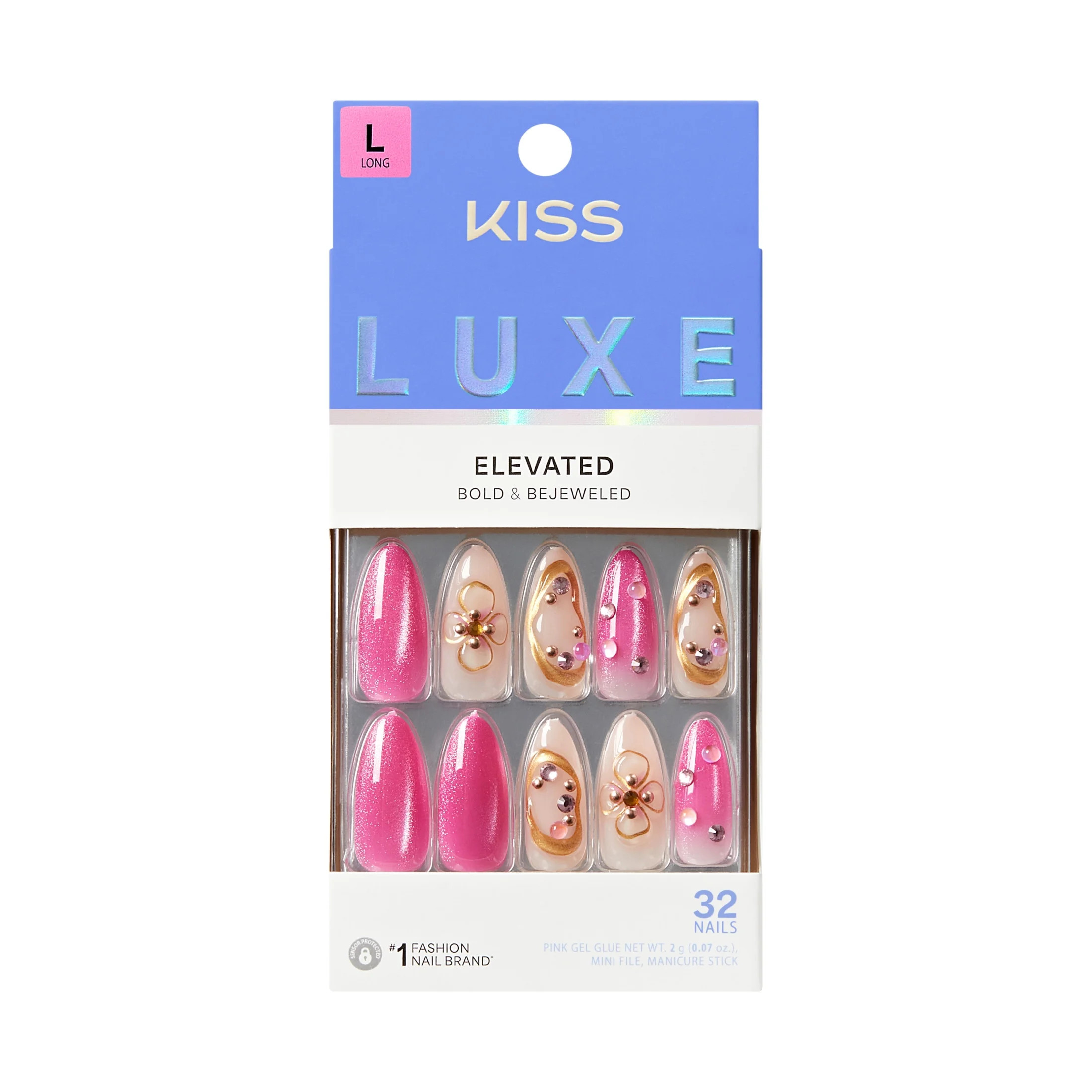 Kiss Luxe Press On Nails Almond, ‘Aurelia Meadow’, Pink, Long, 32 Count | Walmart (US)