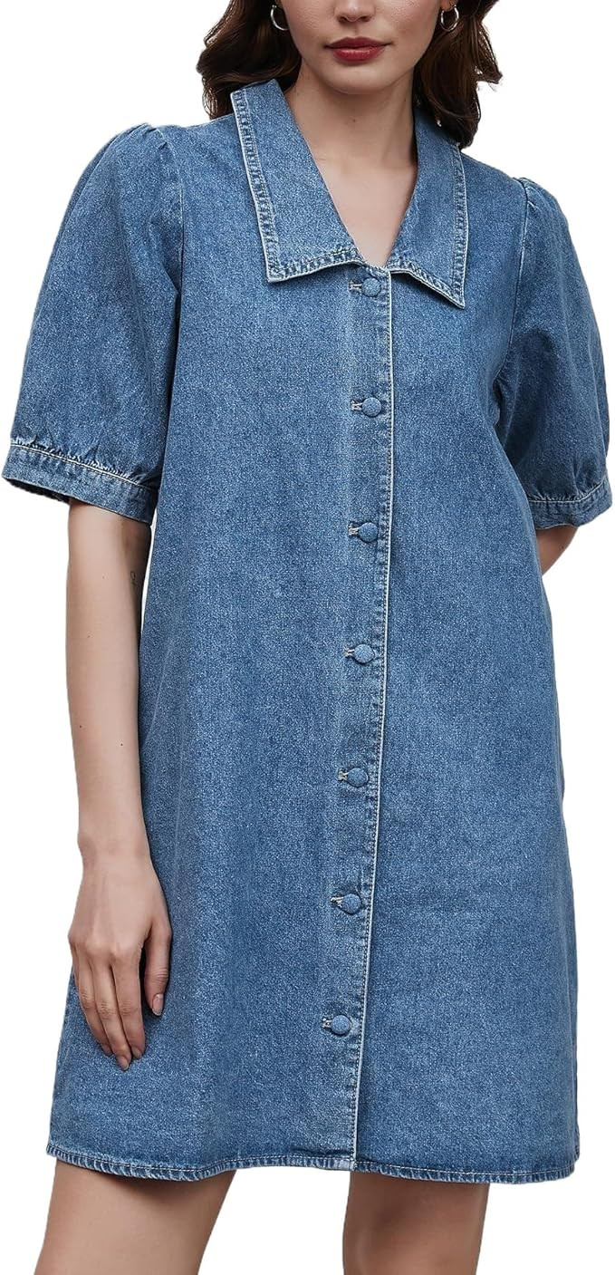 Kedera Women Summer Button Down Puff Short Sleeve Denim Sailor Dress 2025 Trendy Casual Collared ... | Amazon (US)
