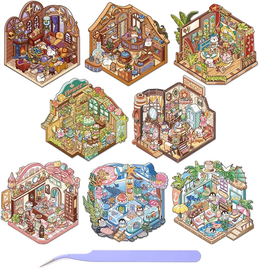 Girls 3D Sticker Scene, 4 Sets Fun Scene Stickers for Plant House, Vintage Shop, Magic Academy, T... | Amazon (US)