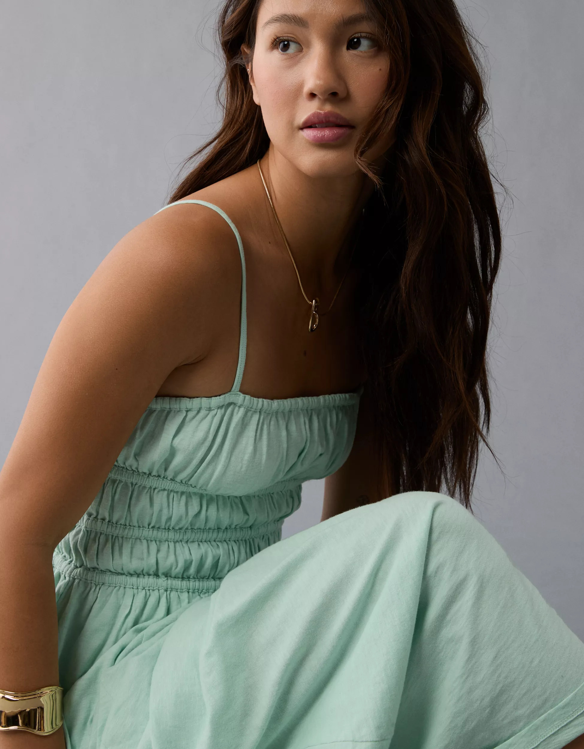 AE Sunchaser Knit Smocked Bodice Midi Dress | American Eagle Outfitters (US & CA)