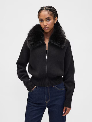 CashSoft Faux-Fur Collar Zip Cardigan Sweater | Gap (US)