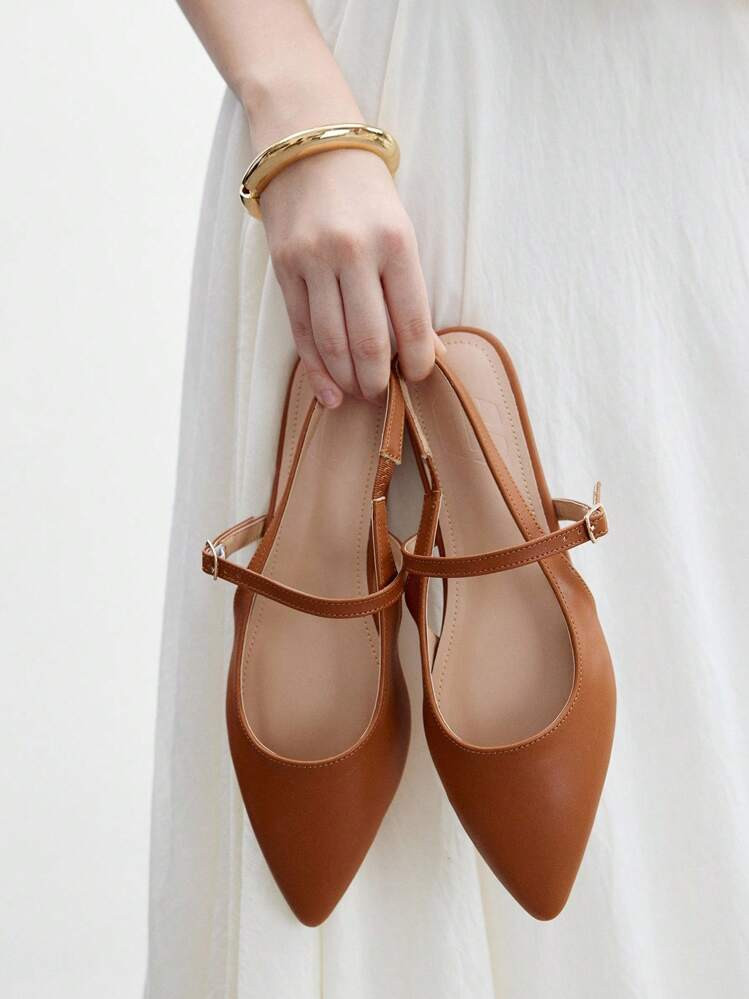 CUCCOO BIZCHIC Zapatos De Oficina Versátiles Y Cómodos Para Mujer De Punta Marrón Con Hebilla Y Correa, Zapatos Planos Sin Talón Tipo Slingback | SHEIN
