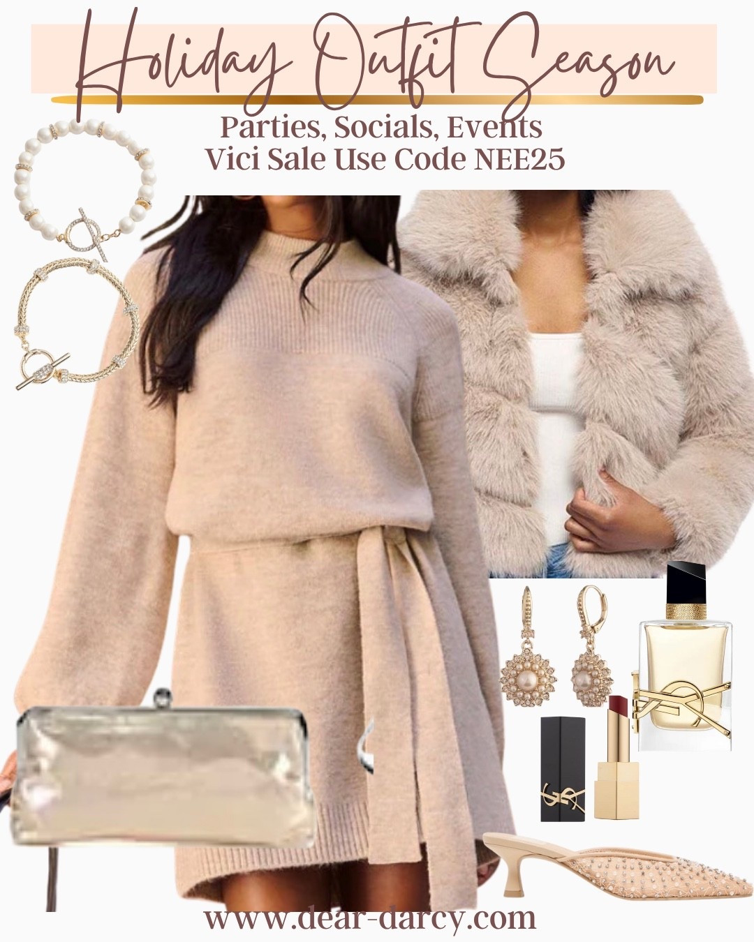 Holiday outfit Season

Parties, social, events, 

Cici sale code: NEW30

How pretty is this sweater dress with tie, I love it dresses up for the holiday with a fur.  Gold and pearl accessories! 



#LTKParties #LTKHoliday #LTKSaleAlert