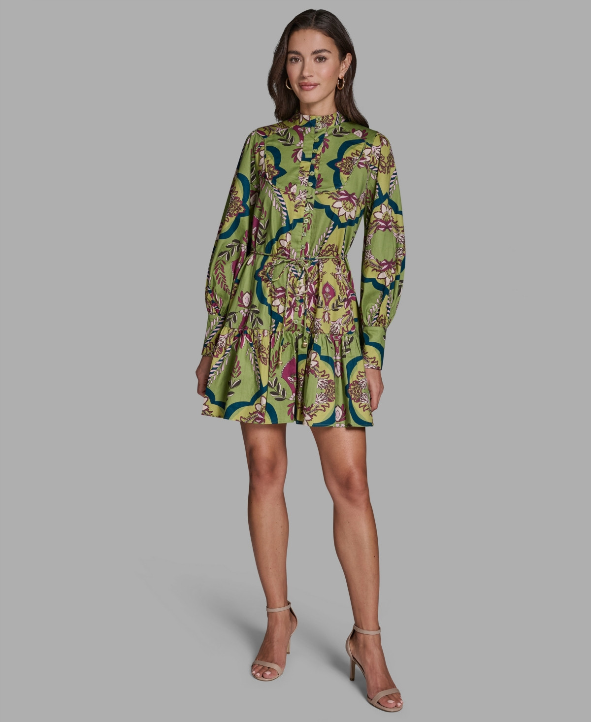 Bcbg Women's Floral Button-Down Mini Dress with Tiered Skirt And Waist Tie - Green | Macy's