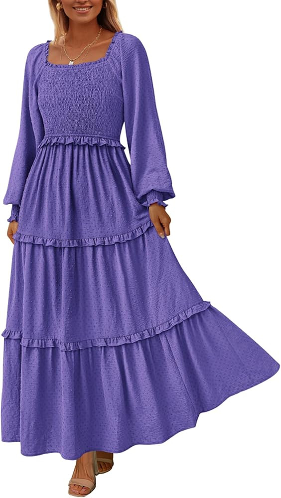 PRETTYGARDEN Fall Dresses for Women 2026 Long Sleeve Smocked Square Neck Swiss Dot Tiered Flowy W... | Amazon (US)