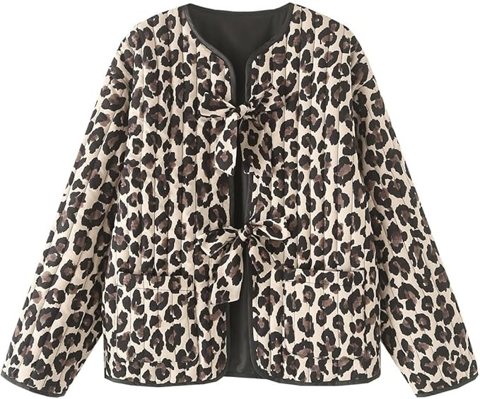 Quilted Lightweight Jackets for Women Leopard Print Tie Front Puffer Jacket Padded Quilted Cardig... | Amazon (US)