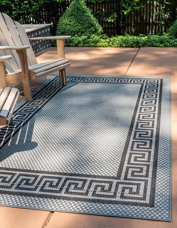 Unique Loom Outdoor Border Collection Area Rug - Greek Key (8' x 11' 4" Rectangle, Gray/ Black) | Amazon (US)