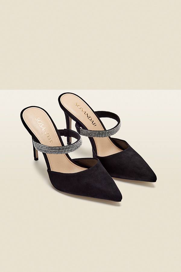 Sofia Black Suede Diamante Strap Pointed Toe Mule | Sosandar
