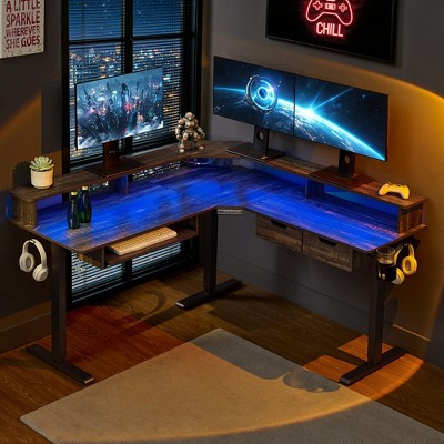 60" L-Shaped Corner Gaming Desk with 2 Drawers, Electric Standing Desk with Power Outlets & LED Lighting, Dark Rustic Oak | Target