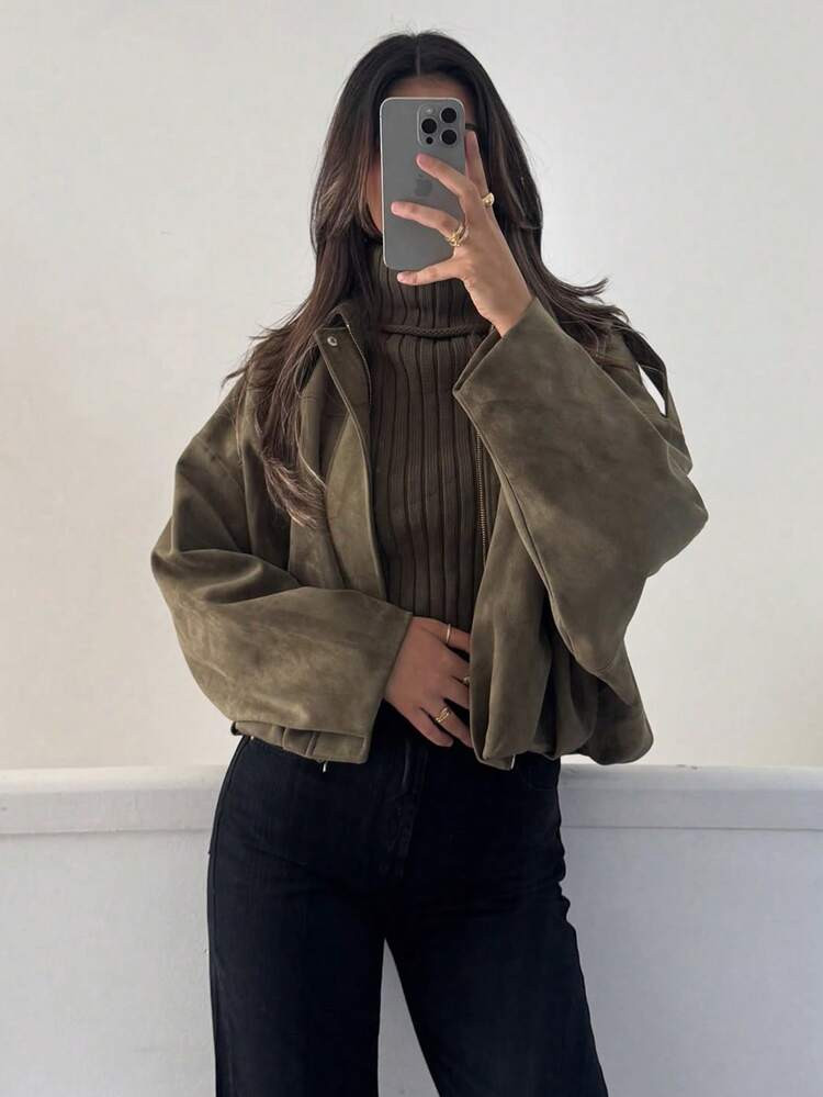 MUMRAP Women Casual Street Fashion Turndown Collar Jacket Vintage Long Sleeve Zipper Loose Coat | SHEIN