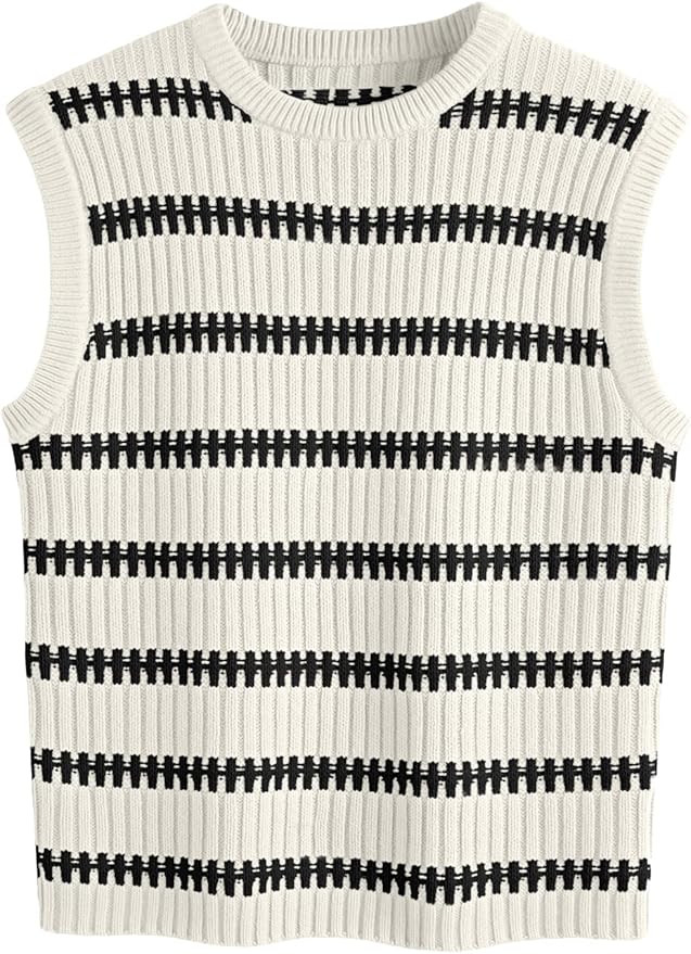LILLUSORY Sweater Tank Tops for Women Fall Crew Neck Sweater Sleeveless Striped Knit Vest | Amazon (US)