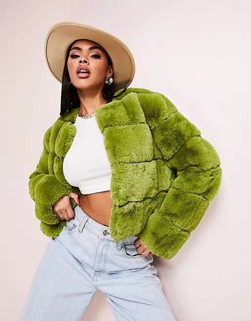 ASOS LUXE cropped faux fur jacket in chartreuse | ASOS (Global)