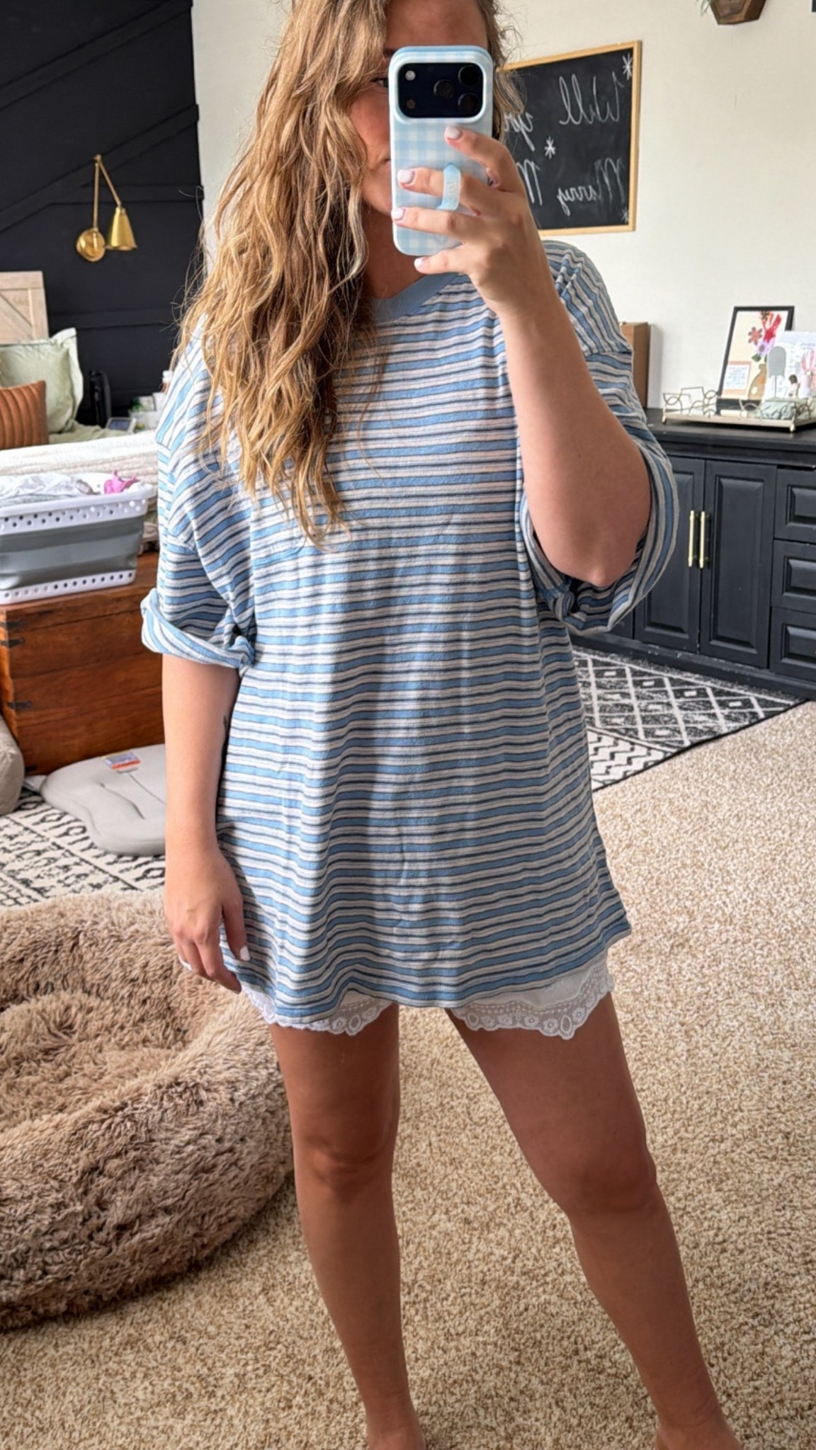 Another postpartum outfit - free people shirt and old navy lace trim shorts

#LTKmomlife #LTKootd