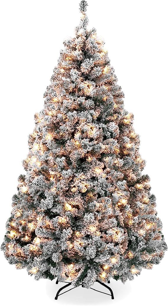 Amazon.com: Best Choice Products 6ft Pre-Lit Snow Flocked Artificial Holiday Christmas Pine Tree ... | Amazon (US)