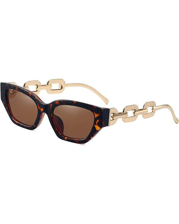Dollger Retro Cat Eye Sunglasses for Women Hexagon Narrow Rectangle Frame Metal Chain Arm Luxury Sun | Amazon (US)