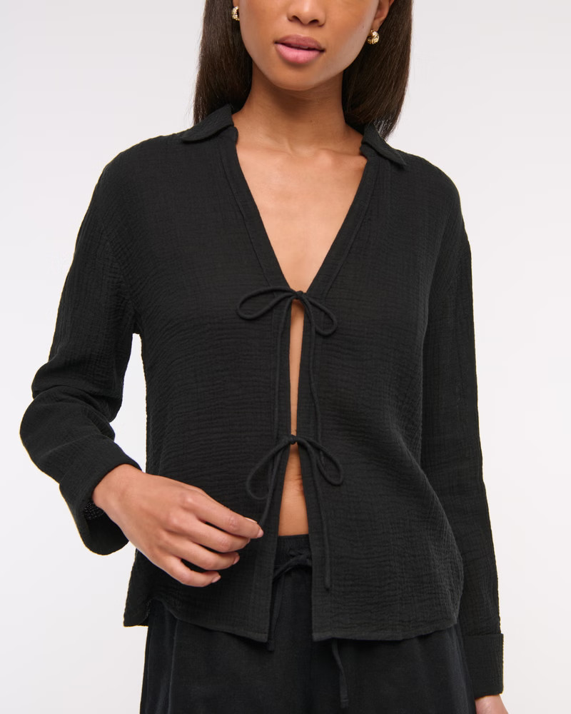 Long-Sleeve Oversized Tie-Front Gauzy Shirt | Abercrombie & Fitch (US)