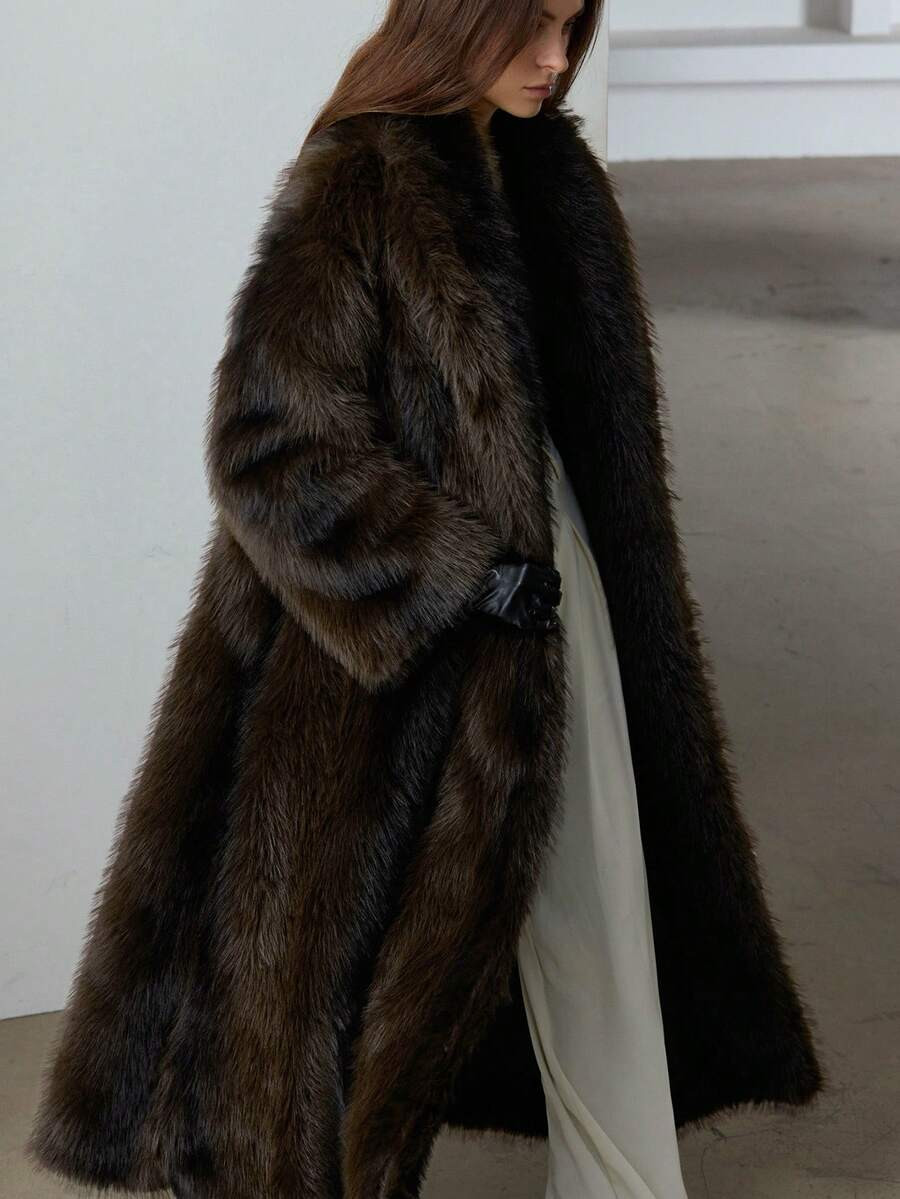 Aveloria Modichic Ombre Faux Fur Collar Oversized Luxury Long Faux Fur Coat, European And America... | SHEIN