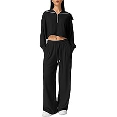 QINSEN Women Cozy 2 Piece Lounge Matching Set Wide Leg Sweatpants Half Zip Crop Sweatshirt Outfit... | Amazon (US)