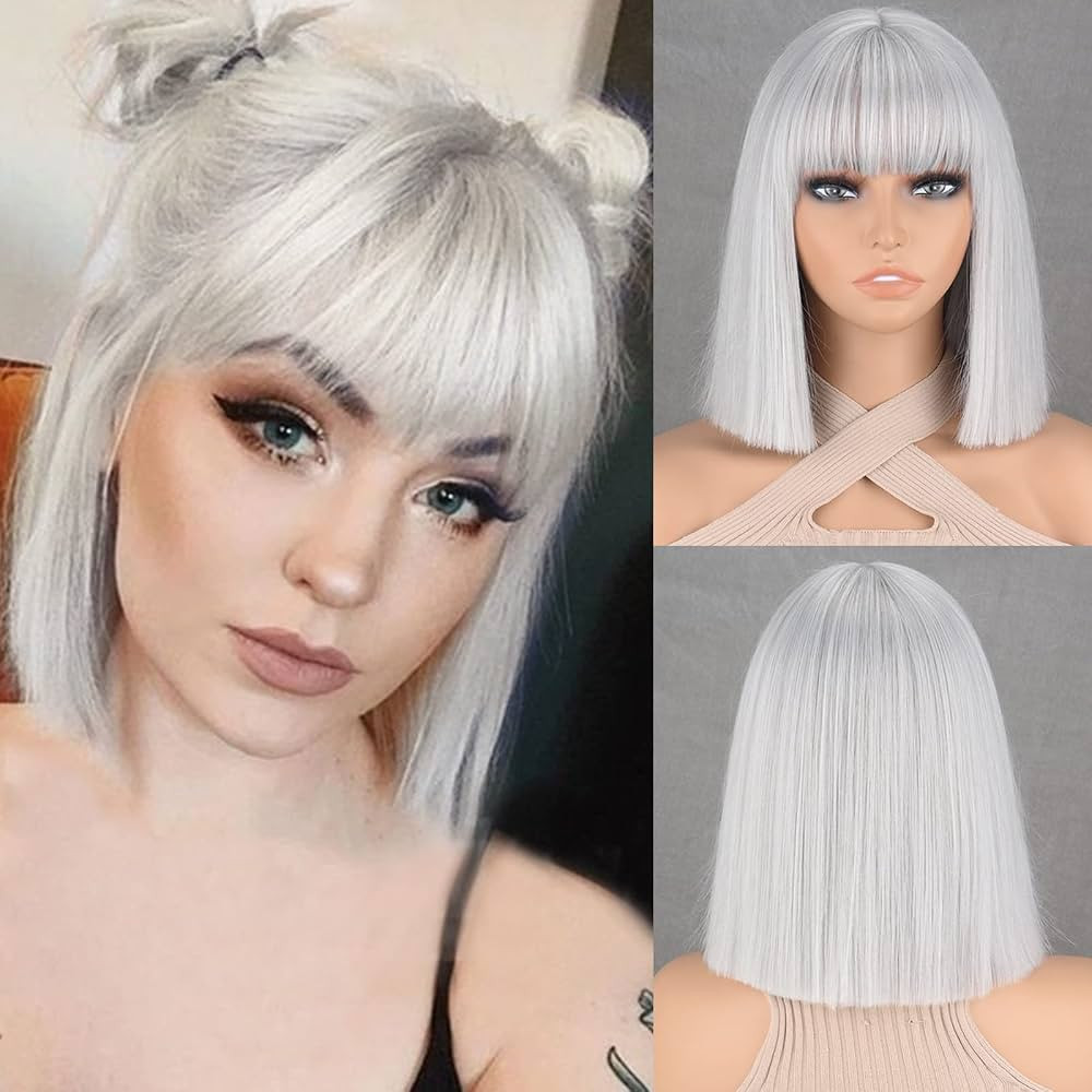 MERISIHAIR Short Silver Gray Bob Wigs with Bangs,Short Straight Bob Silver Grey Wigs for Women,Na... | Amazon (US)