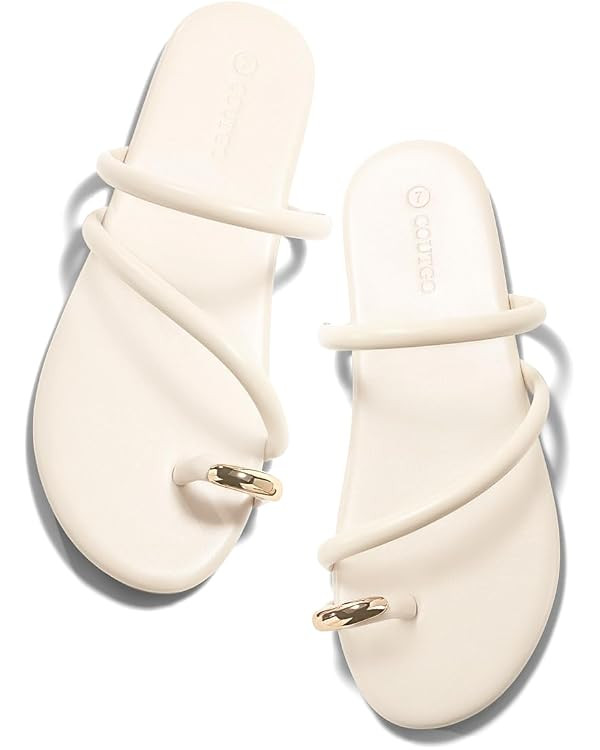 Coutgo Womens Strappy Flat Sandals Square Open Toe Flip Flops Slides Toe Ring Summer Dress Shoes | Amazon (US)